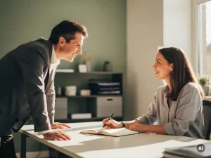 Manager luistert aandachtig naar medewerker aan bureau met open notitieboek in licht modern kantoor.
