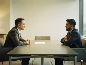 Manager en medewerker tegenover elkaar aan modern bureau, medewerker met gekruiste armen, open notitieboek tussen hen in, gespannen sfeer.