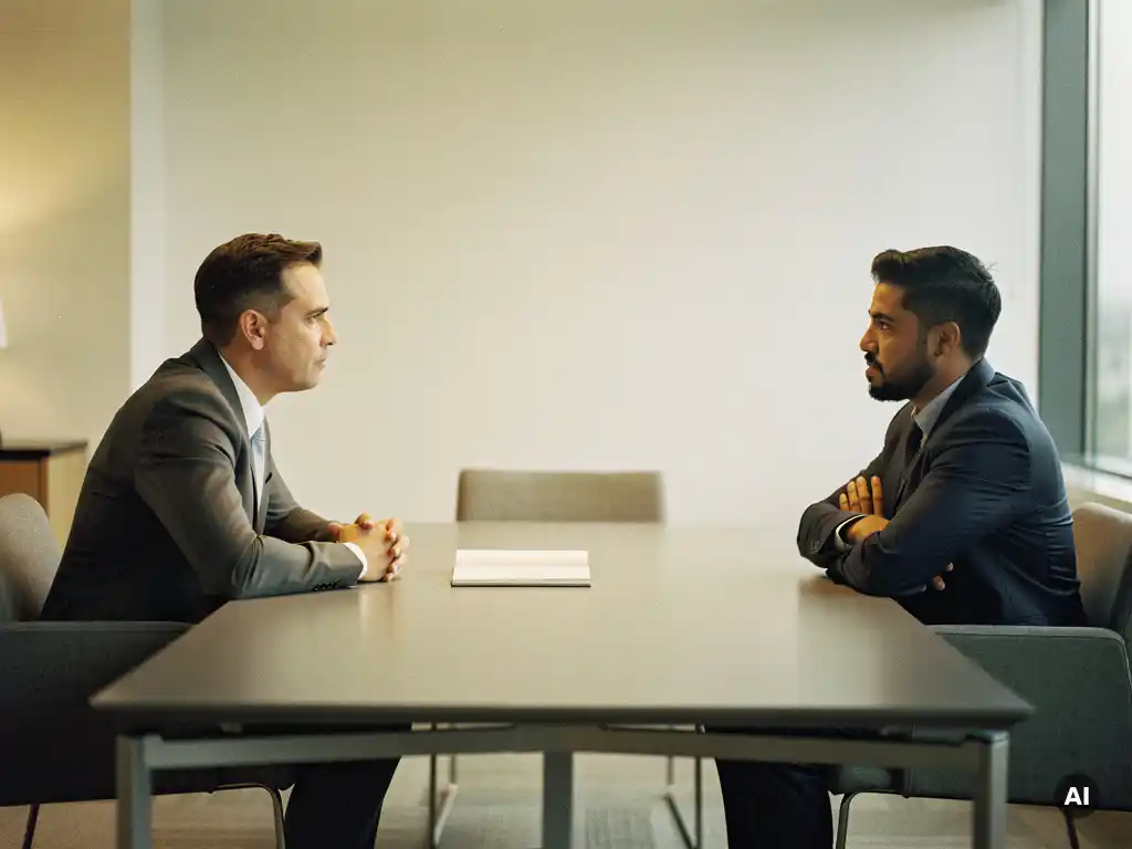 Manager en medewerker tegenover elkaar aan modern bureau, medewerker met gekruiste armen, open notitieboek tussen hen in, gespannen sfeer.