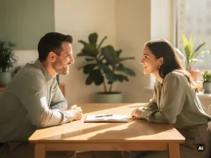 Manager en medewerker in gesprek aan houten bureau in licht modern kantoor, open notitieboek en pen tussen hen in.
