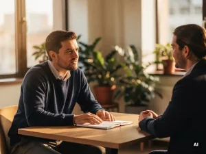 Manager en medewerker in gesprek aan houten vergadertafel in licht kantoor met planten en grote ramen.