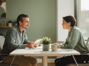 Manager en nieuwe medewerker in gesprek aan modern bureau met notitieblok, plant en koffiemok, warm natuurlijk licht.