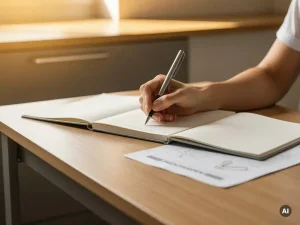 Hand die gestructureerde notities schrijft in een notitieboek naast een feedbackformulier met aantekeningen, warm kantoorlicht.