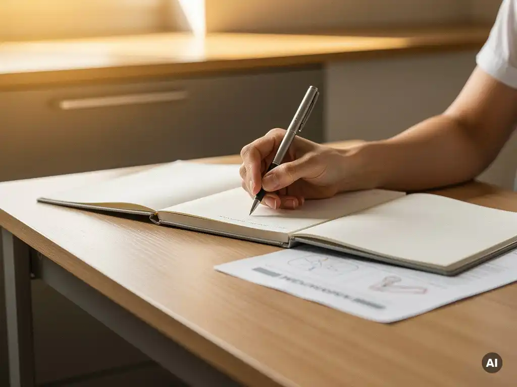 Hand die gestructureerde notities schrijft in een notitieboek naast een feedbackformulier met aantekeningen, warm kantoorlicht.