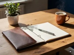 Opengeslagen leren prestatiemap op eikenhouten bureau met pen, koffiemok en kamerplant in warm kantoorlicht.