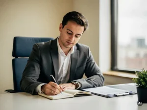 Professional die handgeschreven notities bestudeert aan modern bureau, met georganiseerde documentenmap, in rustig kantoor met natuurlijk raamlicht.