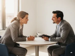 Twee professionals in gesprek aan een ronde tafel in een modern kantoor, één leunt voorover met notitieboek in hand.