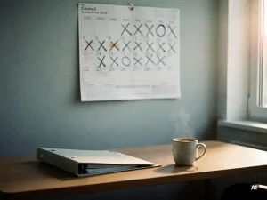 Wandkalender met doorgestreepte datums en een steeds uitgestelde afspraak boven een bureau met gesloten personeelsmap en afkoelende koffie.