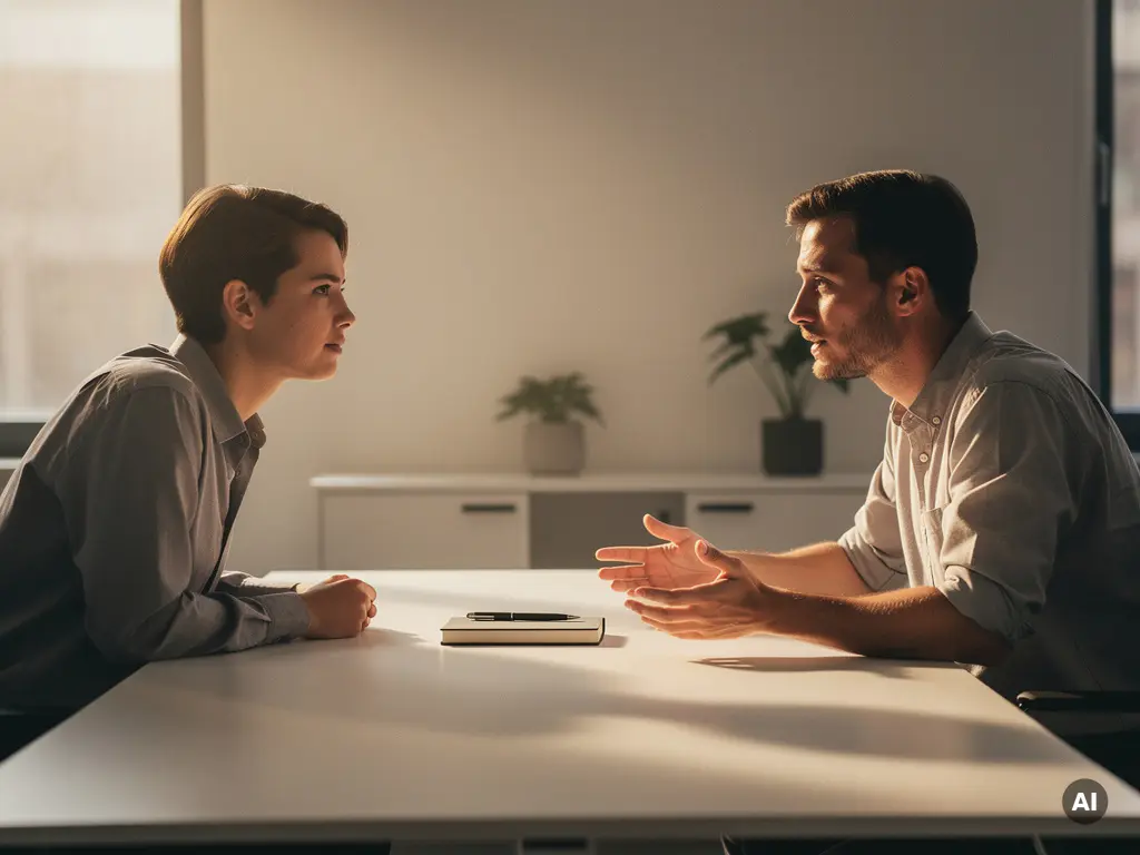 Twee collega's in gesprek aan een moderne kantoortafel, met een notitieboek ertussen, in een professionele kleinzakelijke omgeving.